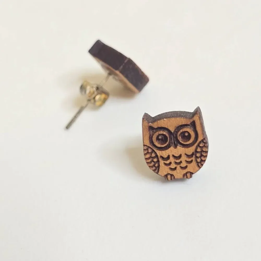 Laser Cut Engraved Wooden Owl Stud Earrings